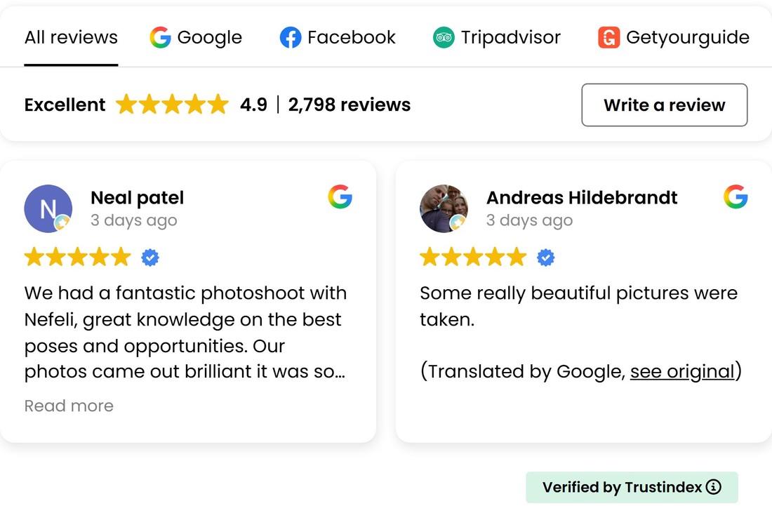 Excellent: 4.9 out of 5 from 2,798 reviews on Google, Facebook, Tripadvisor and Getyourguide, verified by Trustindex