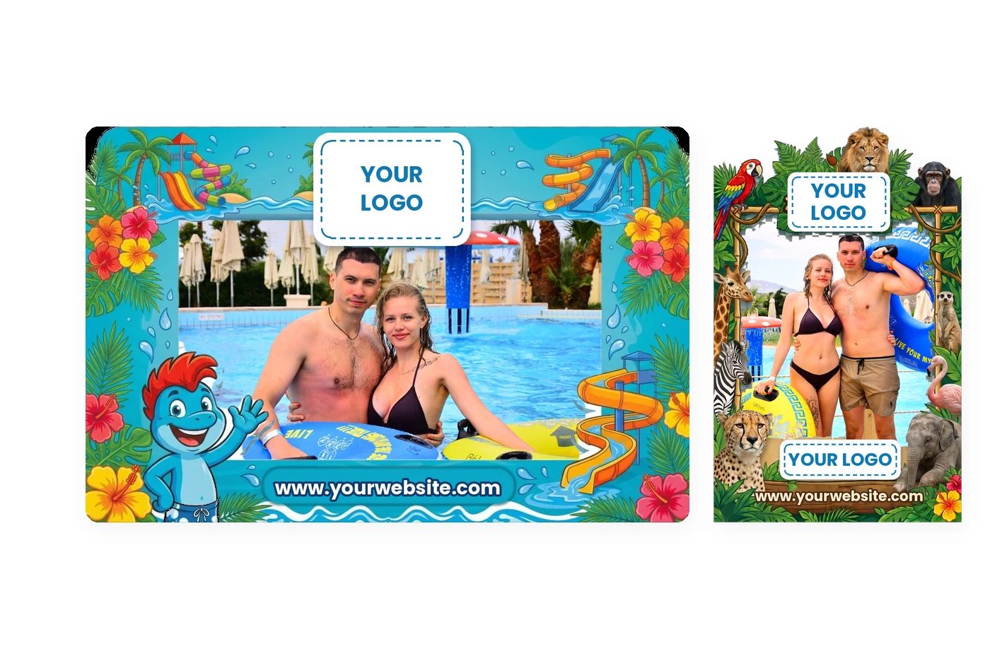 Two photo frame options, a waterpark one and a zoo one, each with your logo and website