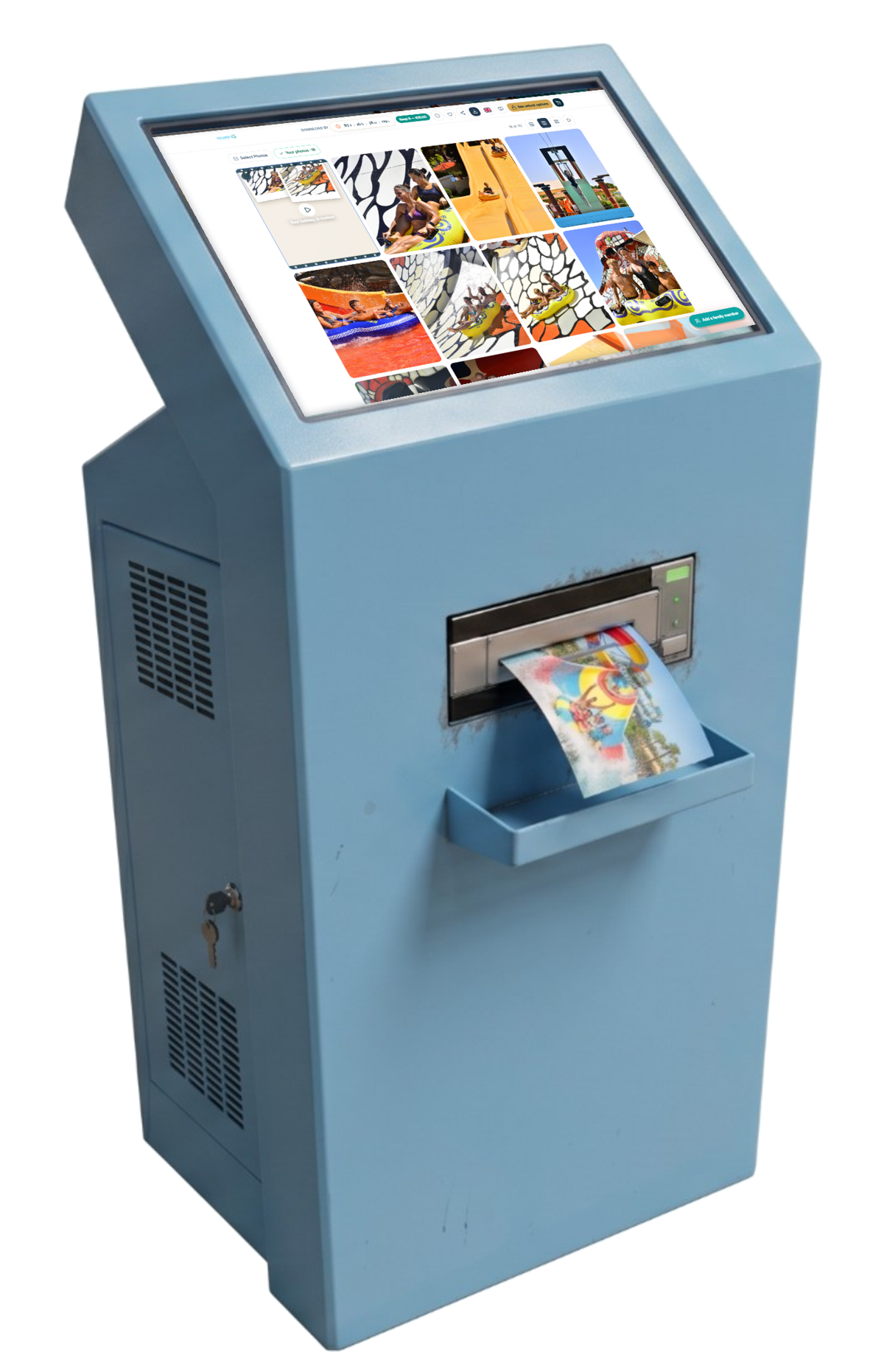 A blue self-service kiosk with the guest gallery on its touch screen; a photo print comes out of the front